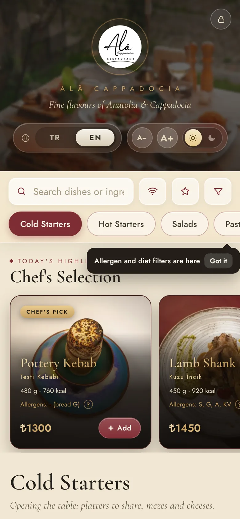 Digitale Speisekarte: Startseite mit Kategorien und Empfehlungen des Küchenchefs