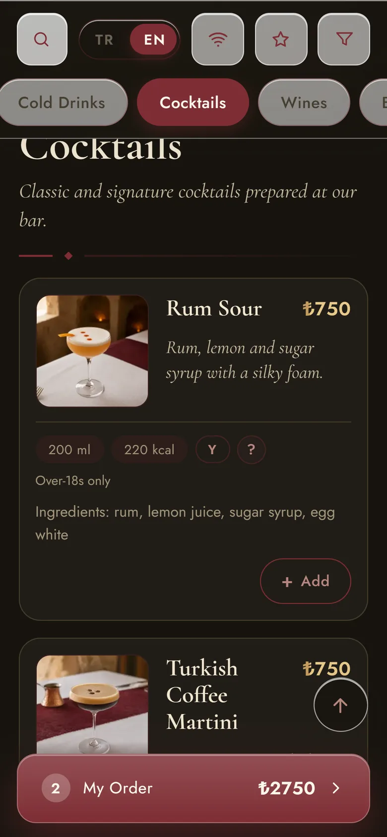 Digitale Speisekarte: Cocktailkarte mit Menge und Kalorien