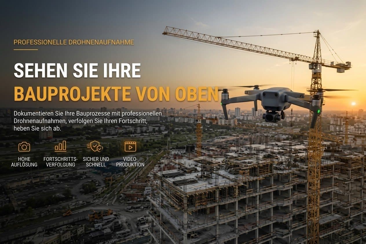 Anzeigenmotiv: Drohne über einer Großbaustelle mit Kran, Überschrift „Sehen Sie Ihre Bauprojekte von oben"
