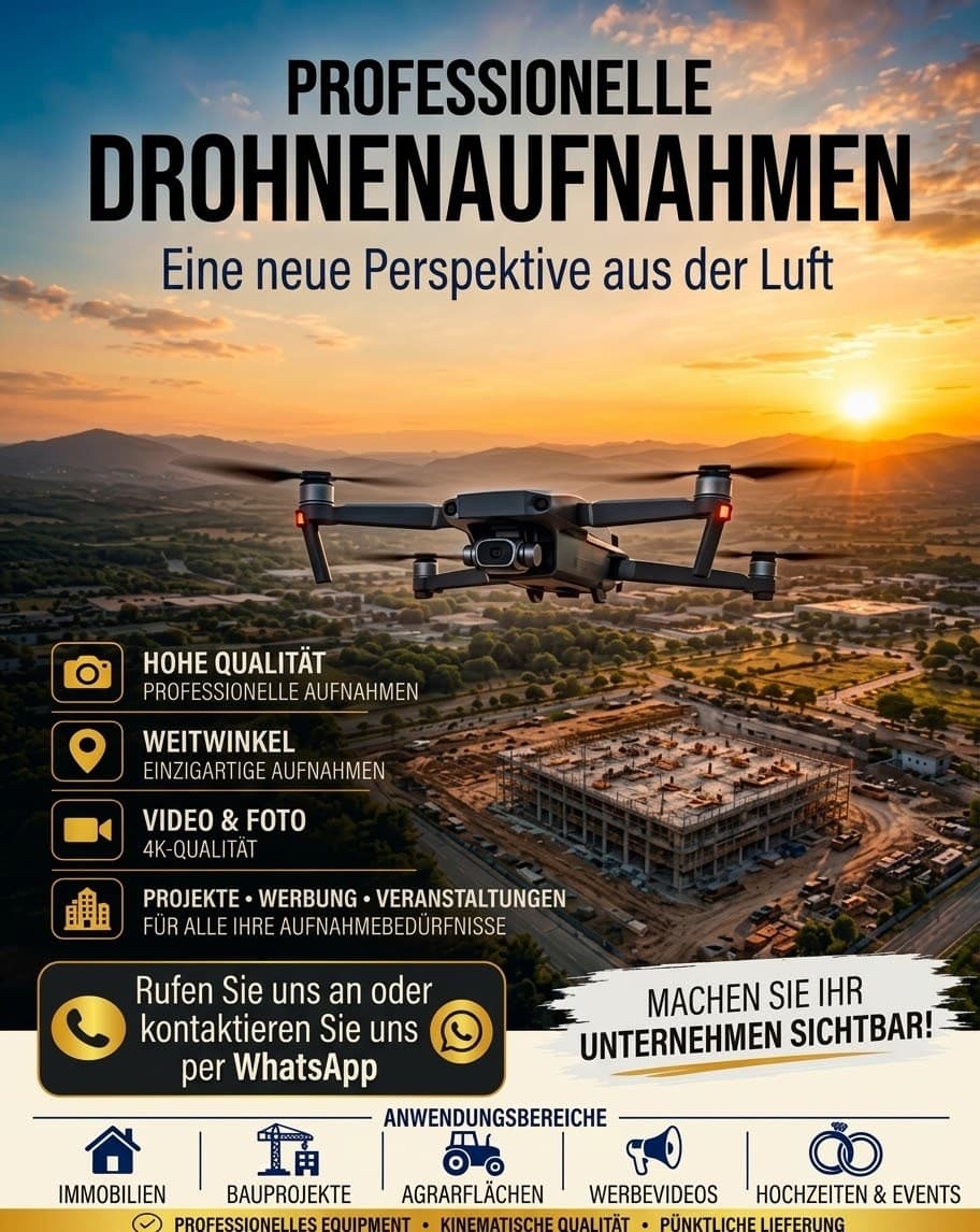 Anzeigenmotiv: Drohne über einer Baustelle im Abendlicht, Überschrift „Professionelle Drohnenaufnahmen – eine neue Perspektive aus der Luft"