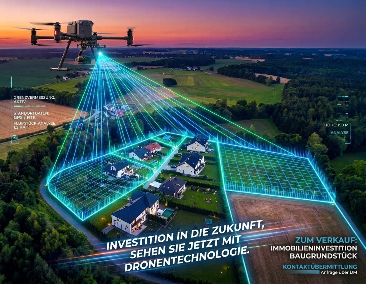 Anzeigenmotiv: Drohne über einem Wohngebiet mit eingeblendeter Grundstücksvermessung, Überschrift „Investition in die Zukunft"