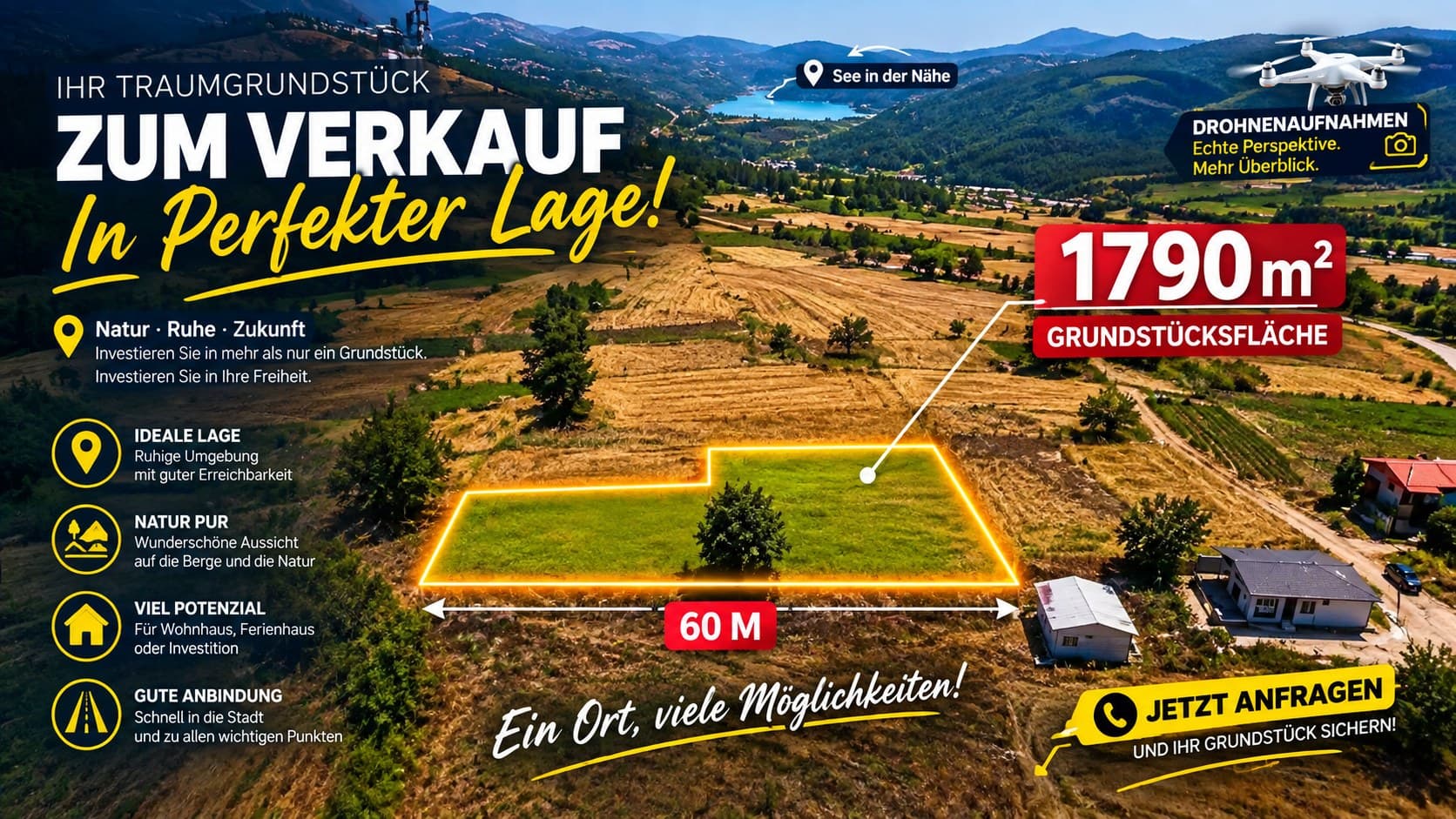 Anzeigenmotiv: Luftbild eines Baugrundstücks mit eingezeichneter Grenze, Angabe 1790 Quadratmeter und 60 Meter Breite, Überschrift „Ihr Traumgrundstück zum Verkauf"