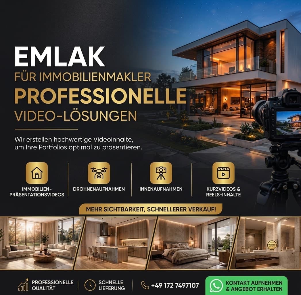 Anzeigenmotiv für Immobilienmakler: moderne Villa am Abend mit Kamera im Vordergrund, Überschrift „Professionelle Video-Lösungen"